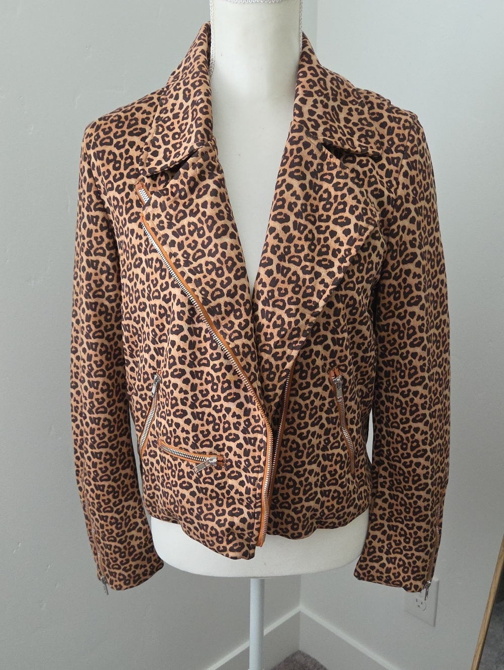 Leopard Print Moto Jacket - Tan/Black